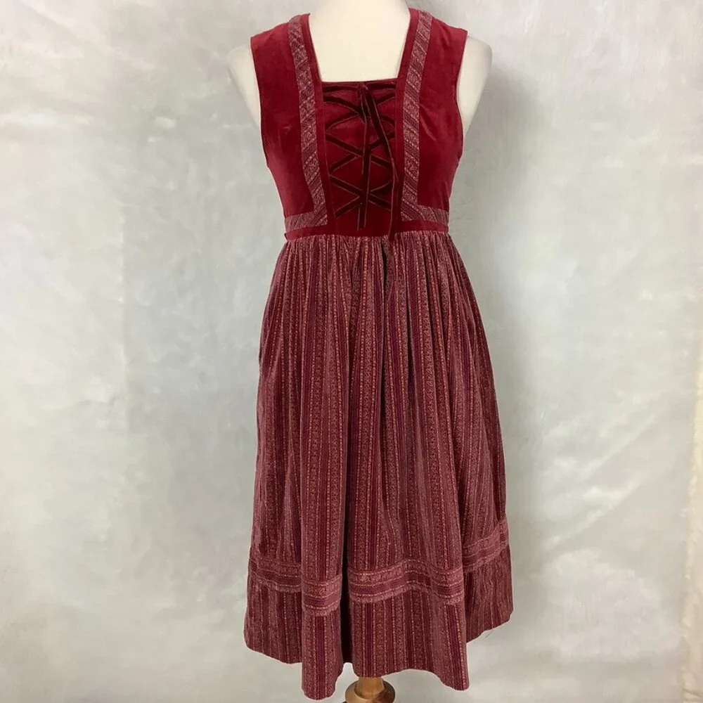 Vintage 70s Teens Fashion Elder Harajuku Tarita Red Velvet Lace Up Drindle Dress - Picture 1 of 7